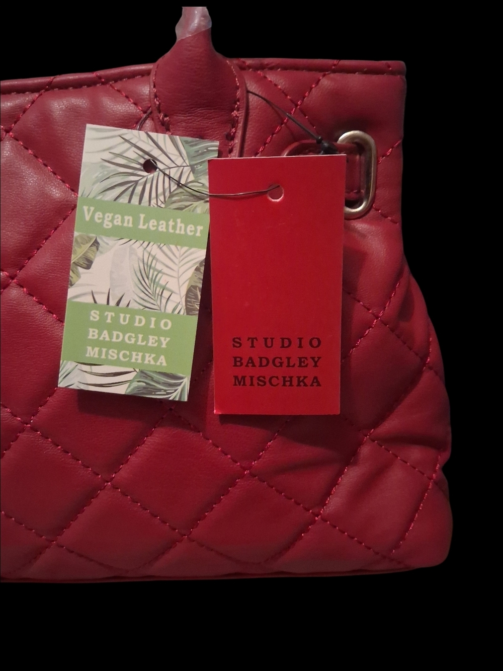 Badgley Mischka Red Quilted Top-Handle Satchel with Gold Hardware - Picture 7 of 7